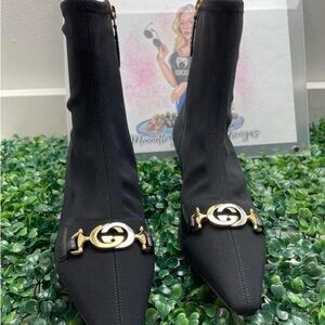 Gucci Black Heeled Boots with Gold Accent